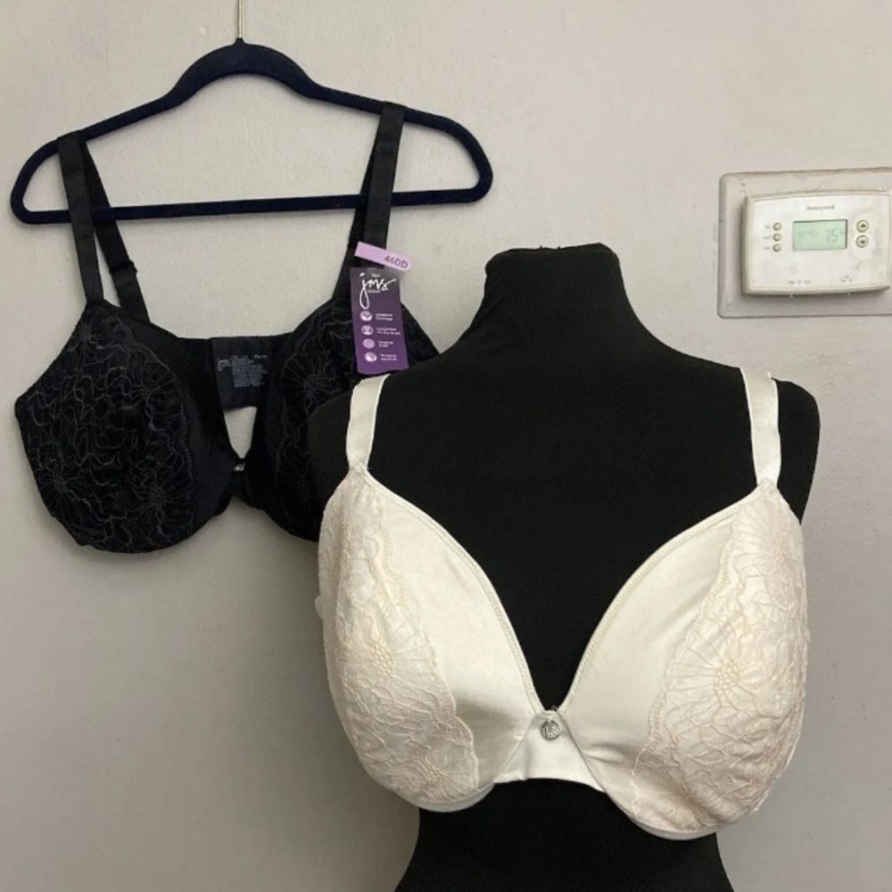 6/18 JMS Just My Size Black Embellished Lace Plunge Bra MJ1204 Lot x2 46DD